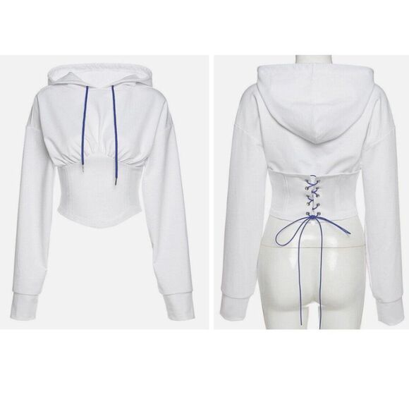 White Long Sleeve Crop Top Hoodie with Corset and Lace-Up Open Back - Picture 1 of 10
